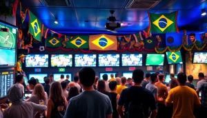 Engaged fans participating in sports betting Brazil at a vibrant sports bar setting.