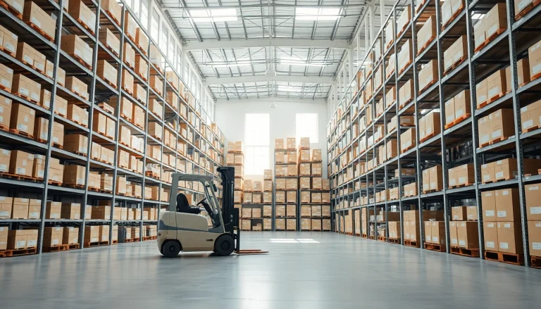 Find efficient logistics solutions in a professional warehouse near me with organized shelving and natural lighting.