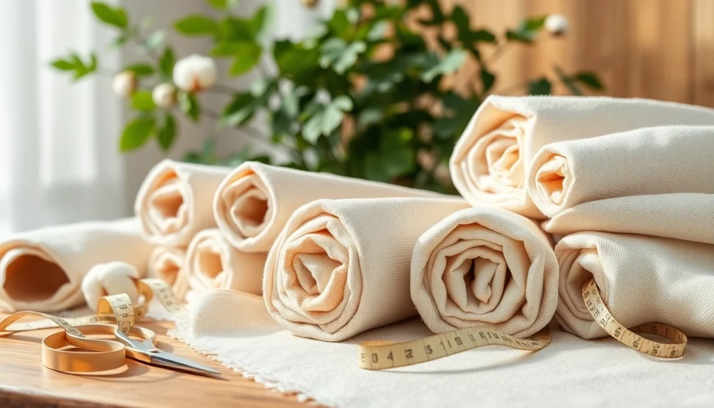 Bekijk ongebleekt katoen op een houten tafel met naaigereedschap voor een creatieve sfeer.