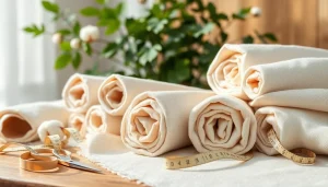 Bekijk ongebleekt katoen op een houten tafel met naaigereedschap voor een creatieve sfeer.