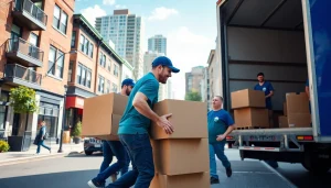 Professional crew from a Toronto moving company efficiently loading boxes into a truck on a sunny day.