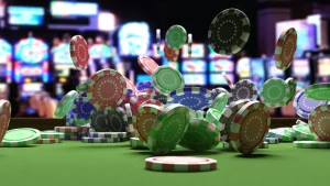Poker-chips-flying-around-on-a-casino-table-with-slot-machines-in-the-background