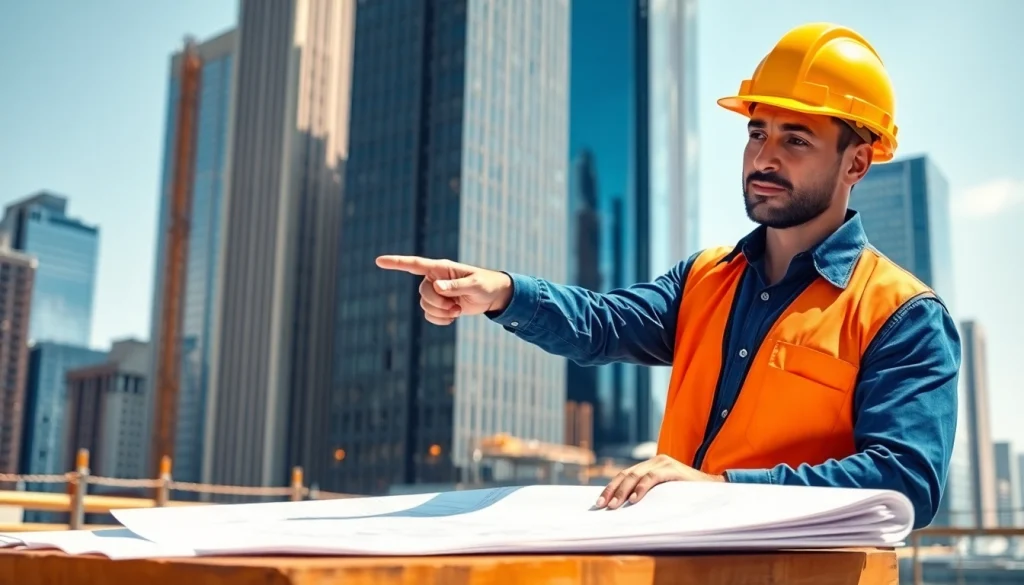 Manhattan Construction Manager directing a project with blueprints on a bustling construction site.