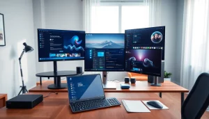 Utilizing a virtual desktop in a modern home office with multiple monitors and a calm, productive setting.