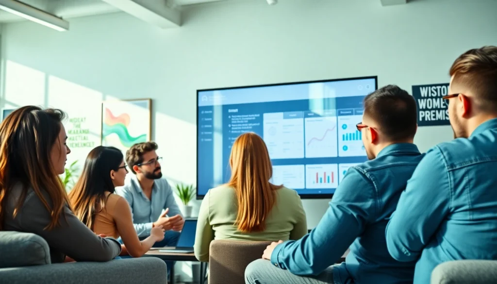 Team collaborating around an advanced smm panel interface in a vibrant office