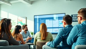 Team collaborating around an advanced smm panel interface in a vibrant office