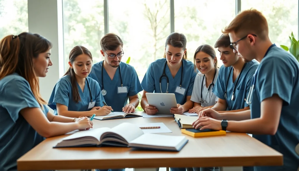 Nursing paper writing service teamwork depicted with students studying and collaborating.