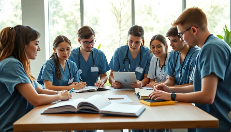 Nursing paper writing service teamwork depicted with students studying and collaborating.