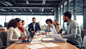 Engaged professionals exploring new hire jobs in a vibrant office environment.