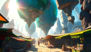 Visualize a vibrant marketplace at https://www.trilgameshproject.com, showcasing imaginative fantasy elements and colorful details.