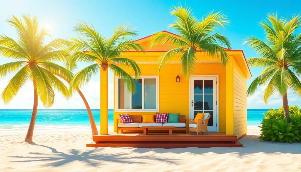 Relax and enjoy at the coastal cabana with a beautiful beach view and palm trees.