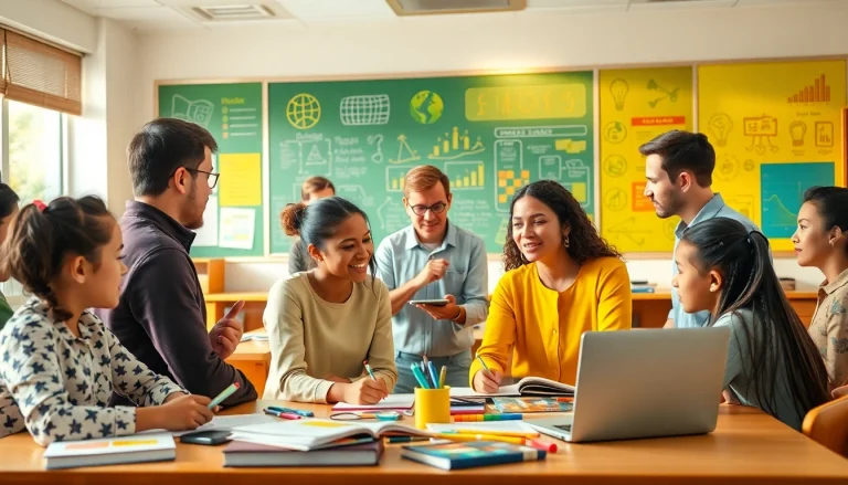 Enhance Education engagement with diverse students collaborating in a vibrant classroom setting.