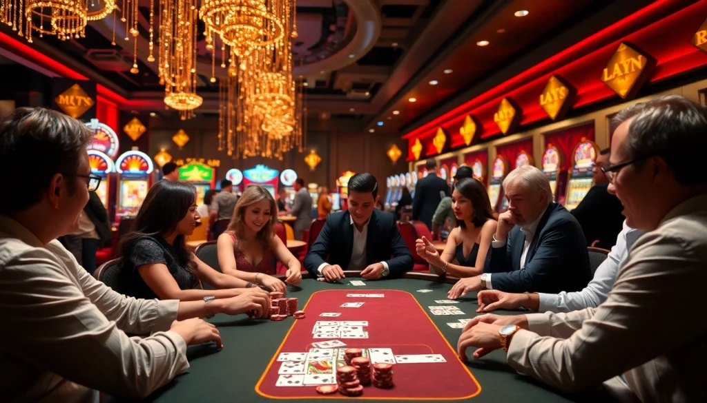 Players enjoying blackjack at Nhà cái MM88, surrounded by vibrant slot machines and poker chips.