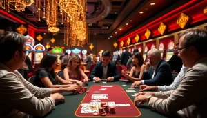Players enjoying blackjack at Nhà cái MM88, surrounded by vibrant slot machines and poker chips.