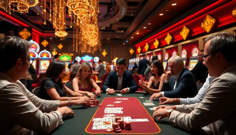 Players enjoying blackjack at Nhà cái MM88, surrounded by vibrant slot machines and poker chips.