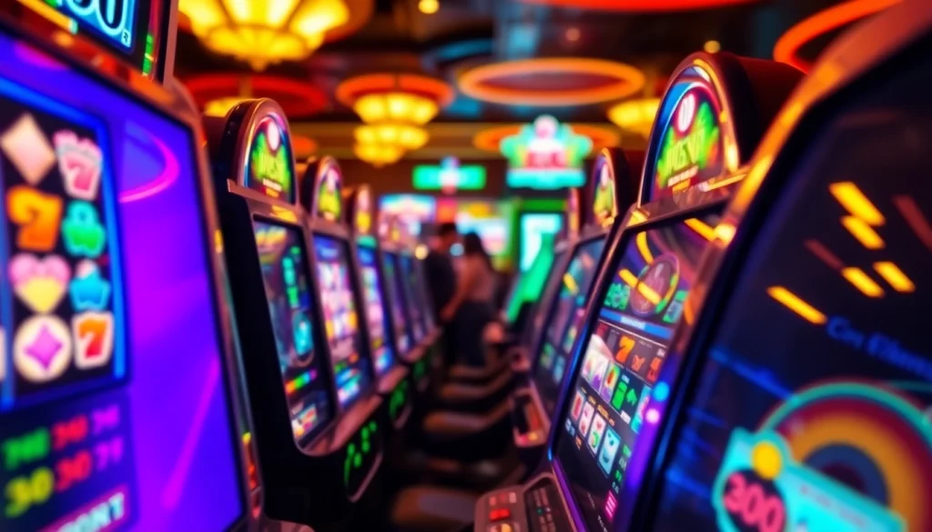 Putar slot mesin dengan simbol berwarna-warni dan lampu neon yang bersinar.