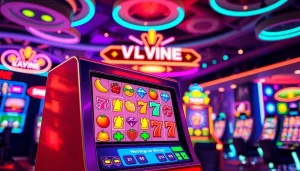 Gambar slot machine komengtoto gacor yang penuh warna dengan simbol ceria dan latar belakang kasino digital.