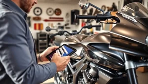 Fachmann, der ein Motorrad bewertet kostenlos in einem modernen Büro.