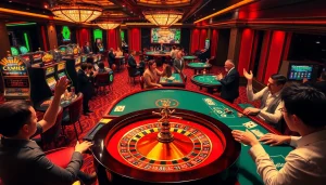 Players enjoying a thrilling roulette game at mm88 casino with vibrant slot machines in view.