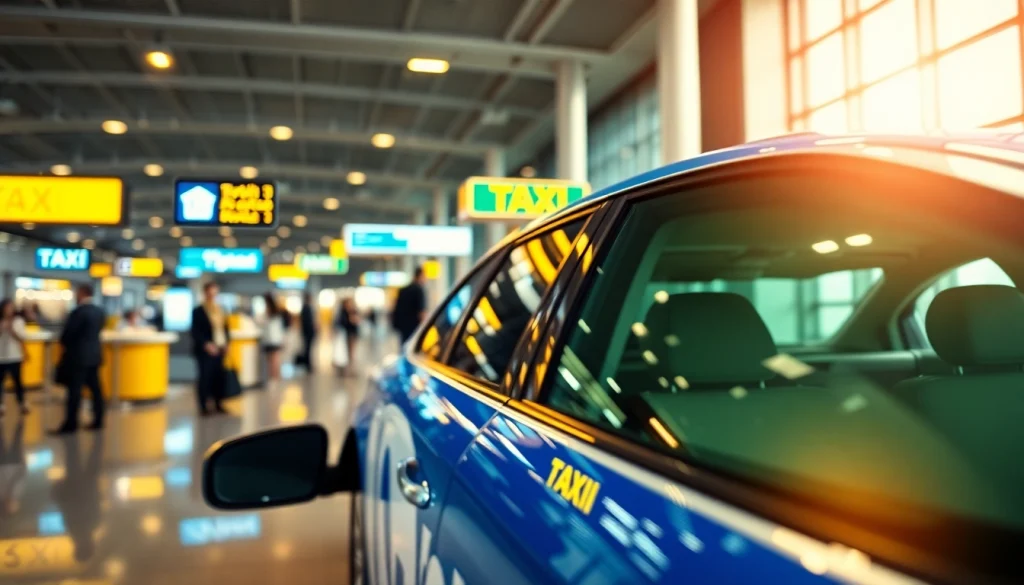 Taxi Nottingham to Heathrow Airport parked at a busy airport terminal, ready for passengers.