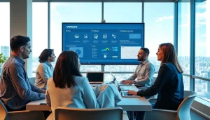 Engaged VMware Consulting team collaborating with technology in a bright office