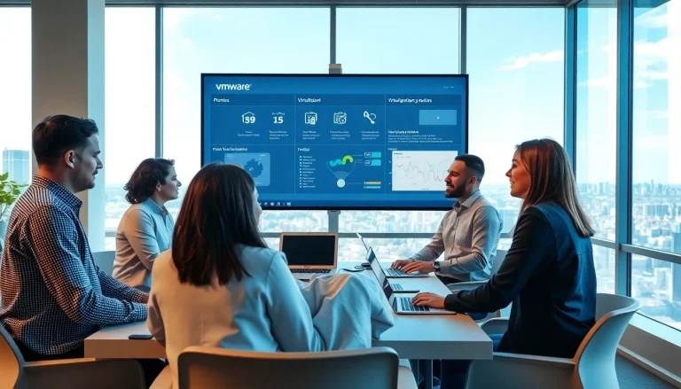 Engaged VMware Consulting team collaborating with technology in a bright office