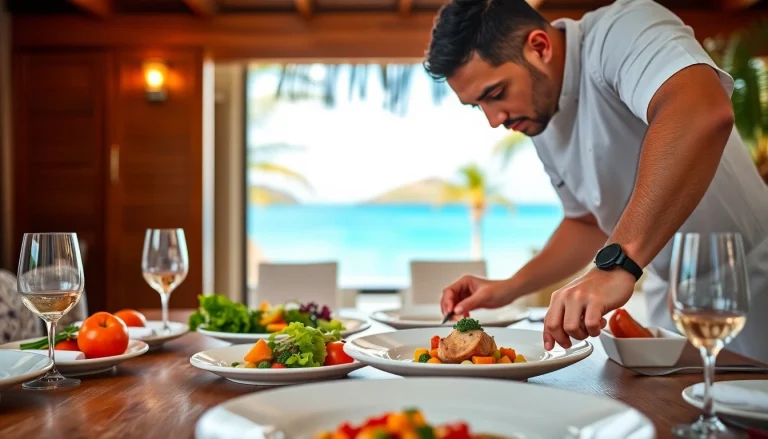 Private chef St Martin showcasing gourmet meal preparation in a luxurious beachfront setting.