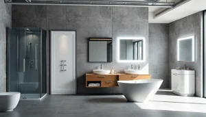 Sirhona showcase with modern bathroom furniture including illuminated mirrors and sleek shower cabins.