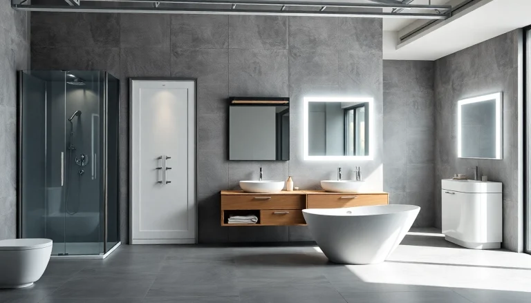 Sirhona showcase with modern bathroom furniture including illuminated mirrors and sleek shower cabins.