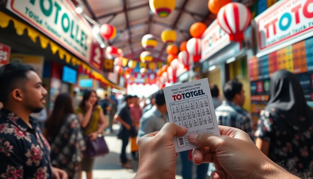 Menggambarkan interaksi ramai di pasar toto togel dengan tiket yang menarik perhatian.