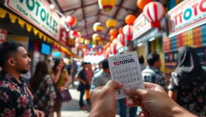 Menggambarkan interaksi ramai di pasar toto togel dengan tiket yang menarik perhatian.