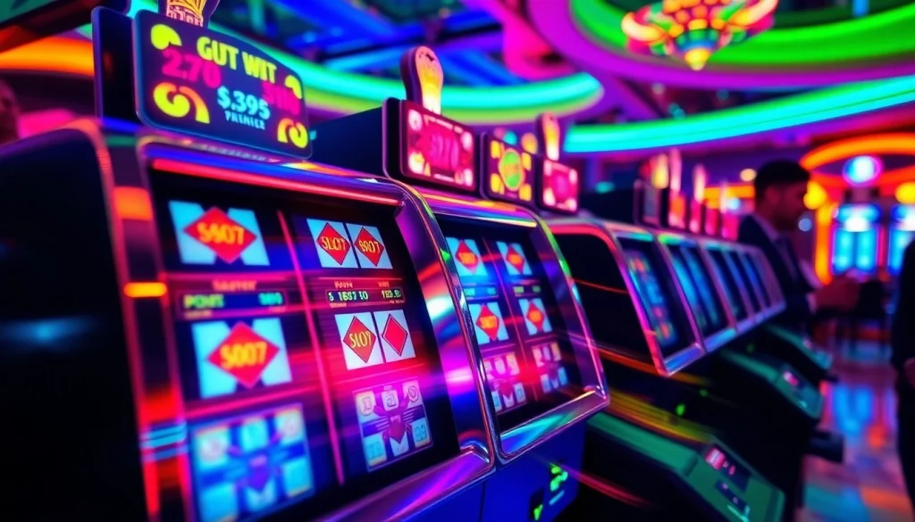 Putar slot mesin dengan suasana kasino yang ramai dan penuh warna.