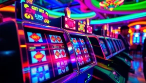 Putar slot mesin dengan suasana kasino yang ramai dan penuh warna.