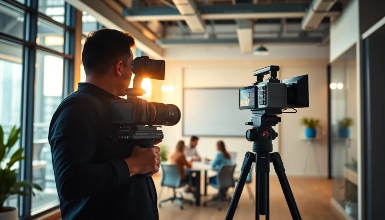 Capturing a corporate video production featuring a videographer and a collaborative office team.