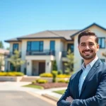 Real Estate agent presenting a modern house in a sunny suburban setting, showcasing professionalism and approachability.