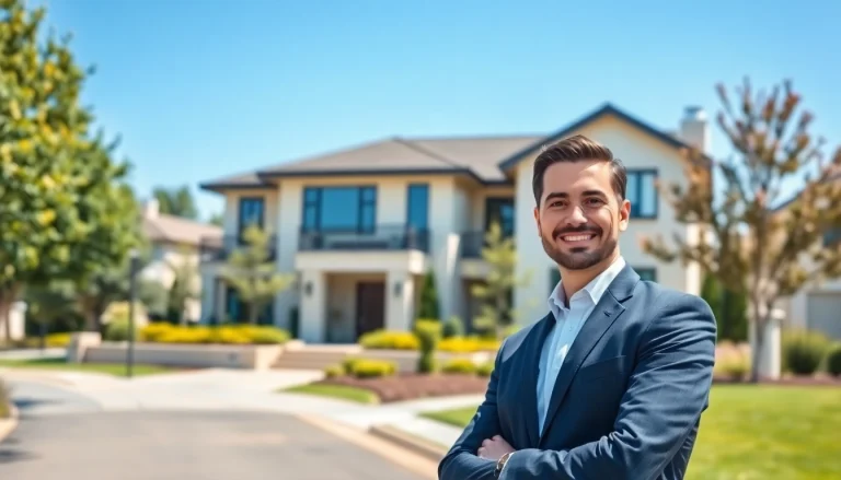 Real Estate agent presenting a modern house in a sunny suburban setting, showcasing professionalism and approachability.