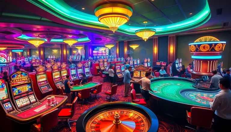 Experience the vibrant gambling world of KJC AC 1 with players enjoying casino tables and slot machines.
