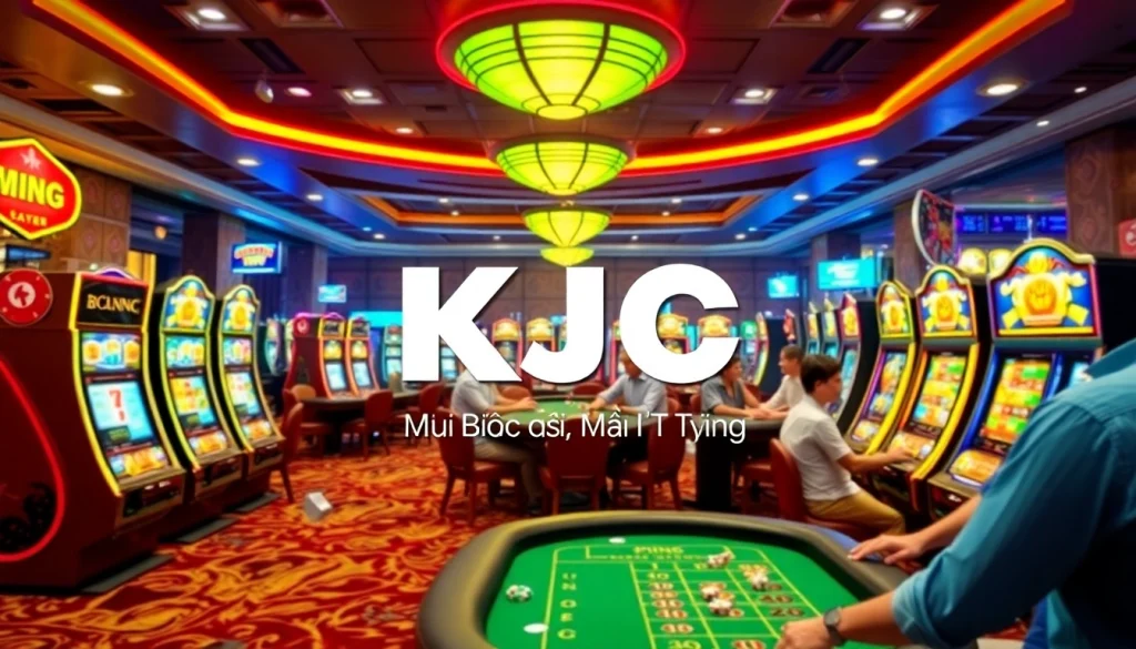 Exciting casino scene at KJC AC 3 featuring lively gambling tables and slot machines.