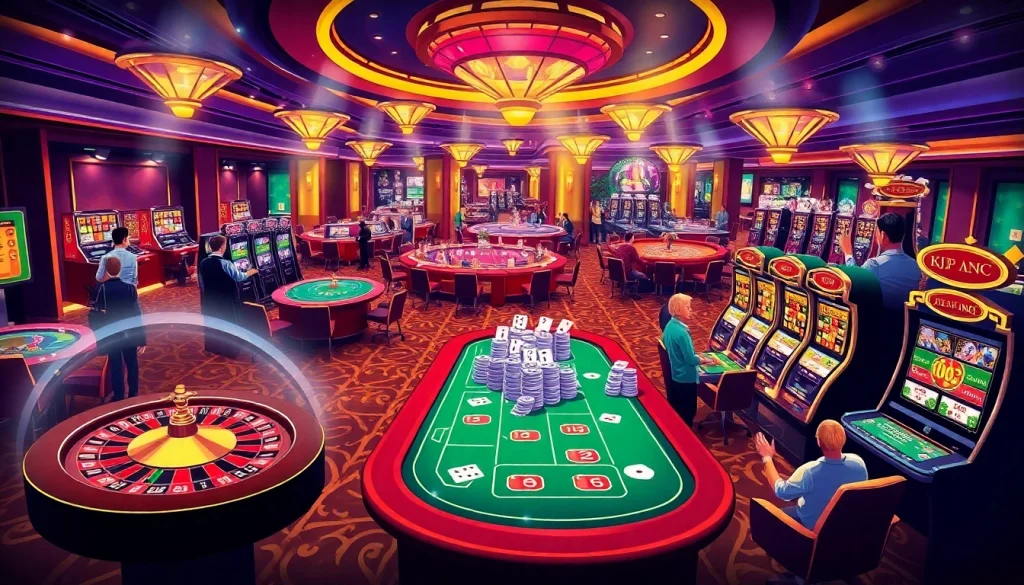 A bustling casino floor at KJC AC 2 with roulette wheels, cards, and players enjoying vibrant gaming experiences.