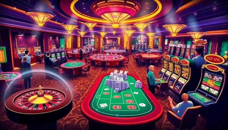 A bustling casino floor at KJC AC 2 with roulette wheels, cards, and players enjoying vibrant gaming experiences.