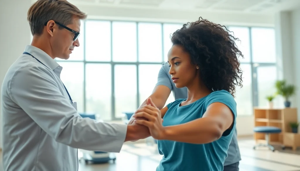 Health in Motion Rehabilitation: Physical therapist assisting a patient in a rehab exercise at a bright clinic.