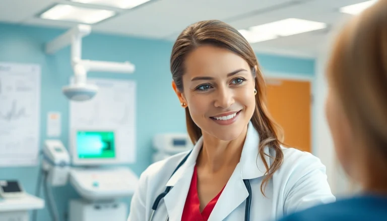 Engaging healthcare professional promoting Health in a modern clinic with patient.