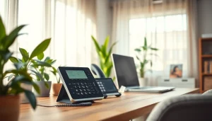 Showcase uk home voip system setup in a cozy, professional workspace environment.