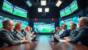 스포츠중계에 대한 열정적인 방송 진행자들이 역동적인 스튜디오에서 생생하게 활동하는 모습.