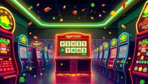 Menggambarkan agen toto slot dengan interface modern dan mesin slot yang berkilauan serta suasana ceria.