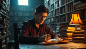 Engaging scene of a thriller author writing in a dramatic library setting, evoking suspense and creativity.