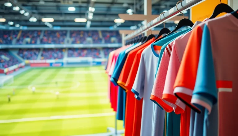 View vibrant cheap football kits hanging in a store, showcasing colorful options for football fans.