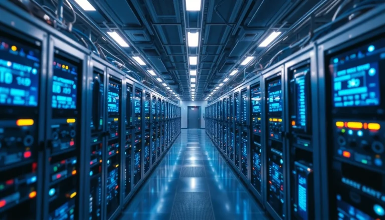 Crypto mining operation featuring advanced ASIC miners and digital displays in a sleek, modern environment.