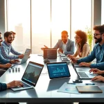 Technology collaboration in a bright office setting showcasing diverse individuals engaged in discussion.