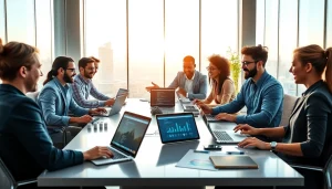 Technology collaboration in a bright office setting showcasing diverse individuals engaged in discussion.